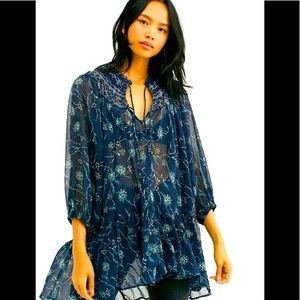 Free People Keeping Up With Kara Tunic Floral Printed Sheer Smocked Dress M